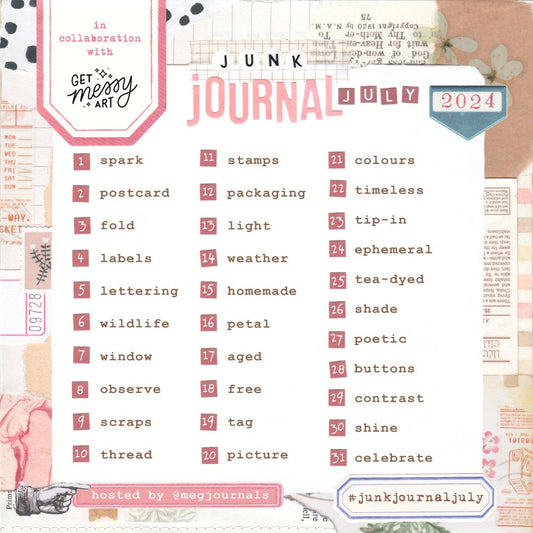 #JunkJournalJuly2024 Prompts List - Print out the Junk Journal July 2024 prompts list and join in the fun!