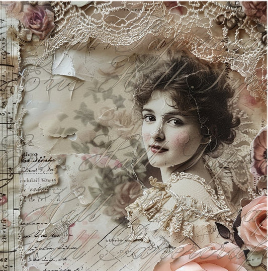 Junk Journal image of satisfied, pleasant Victorian woman in lace, pink, and roses
