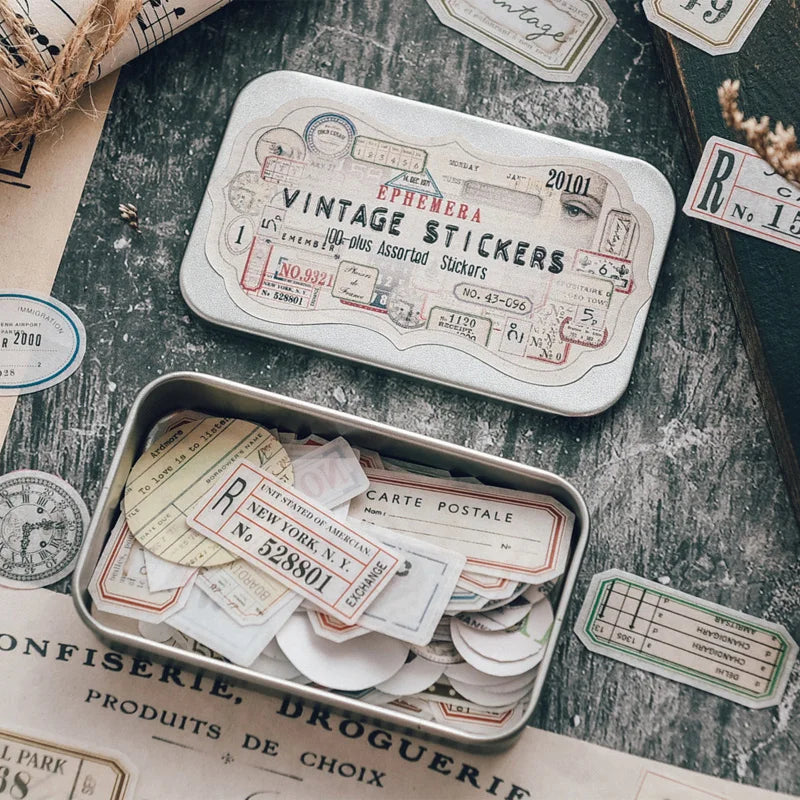 Retro Vintage Sticker Set + Metal Box