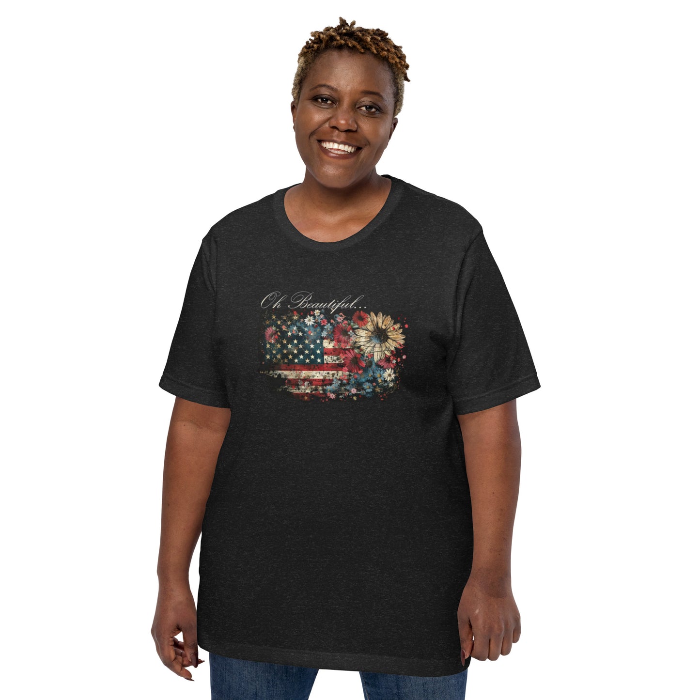 Oh Beautiful Patriotic Unisex t-shirt Featuring the American Flag in Flowers